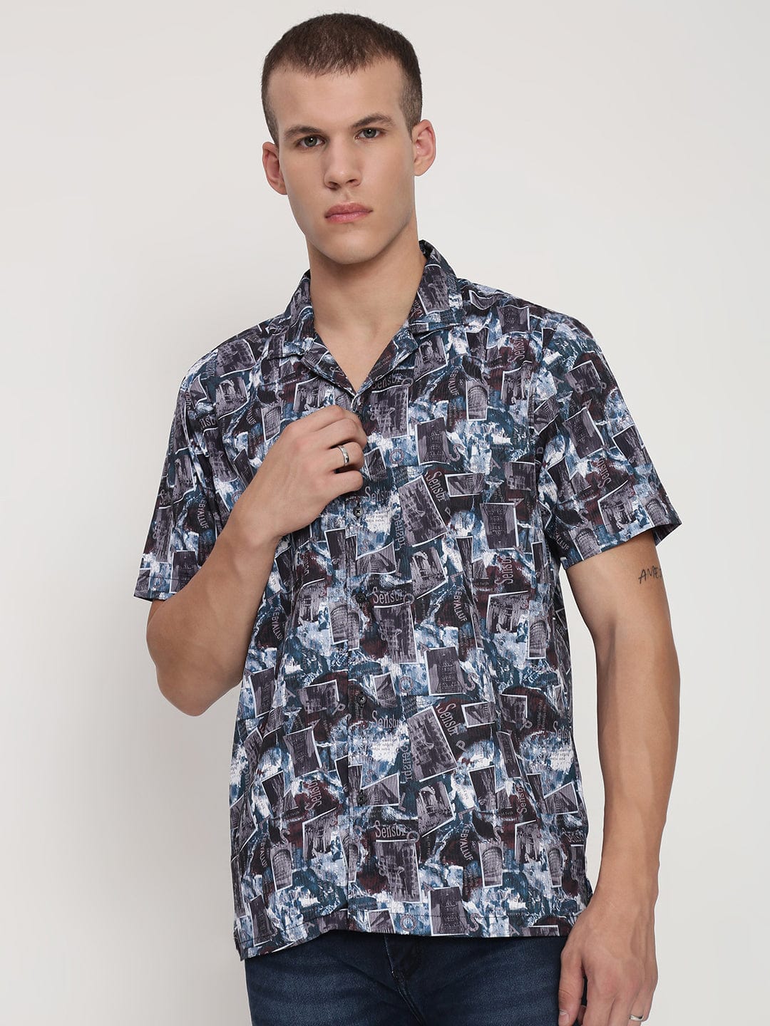 Men's Teal Abstract Cuban Collar Relaxed Fit Shirt