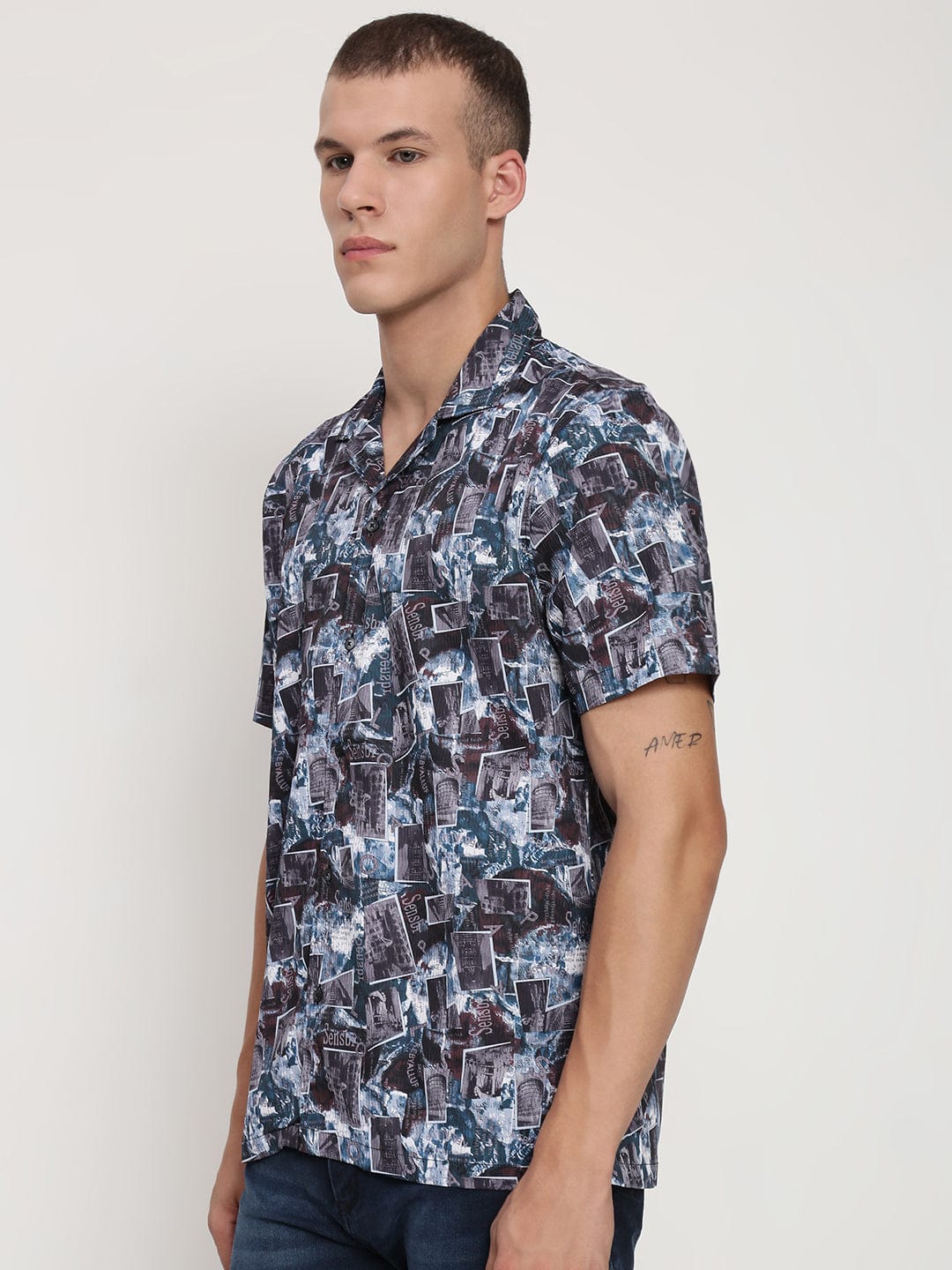 Men's Teal Abstract Cuban Collar Relaxed Fit Shirt