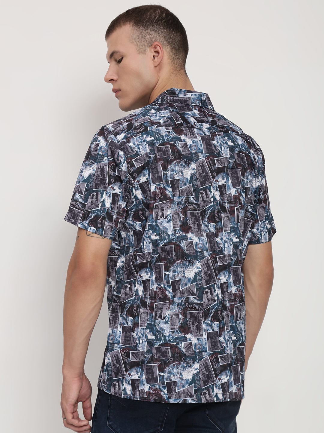 Men's Teal Abstract Cuban Collar Relaxed Fit Shirt