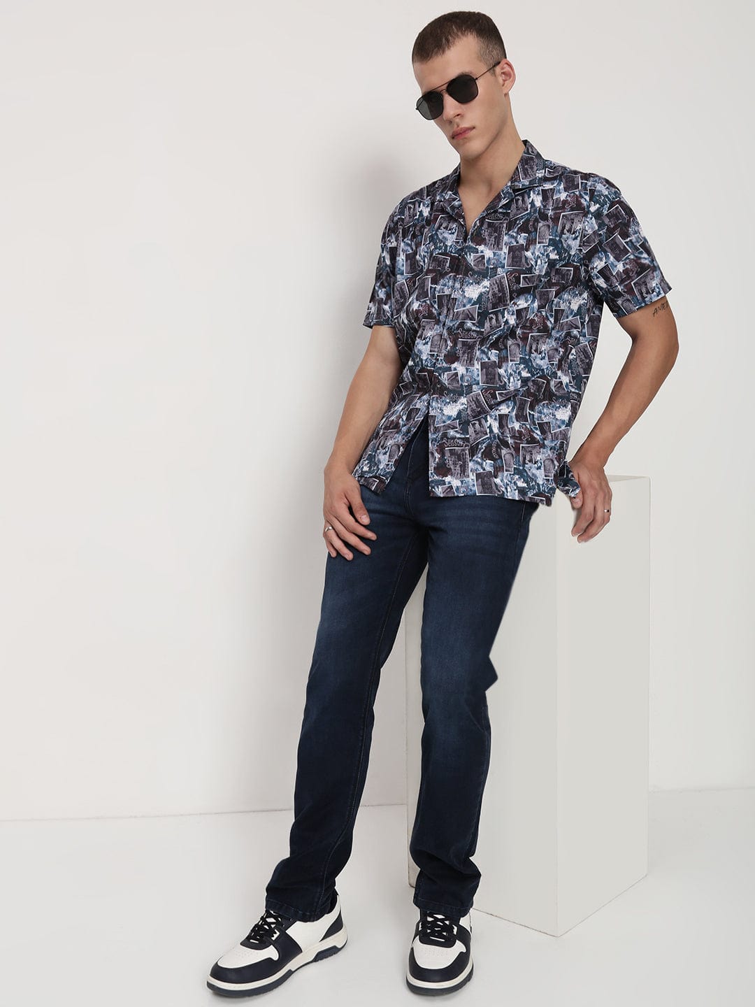 Men's Teal Abstract Cuban Collar Relaxed Fit Shirt