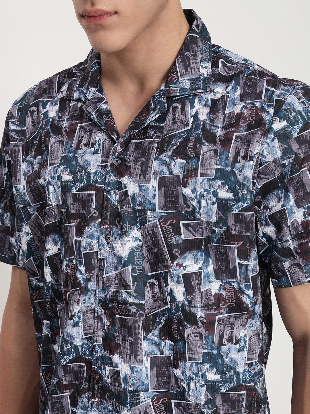 Men's Teal Abstract Cuban Collar Relaxed Fit Shirt