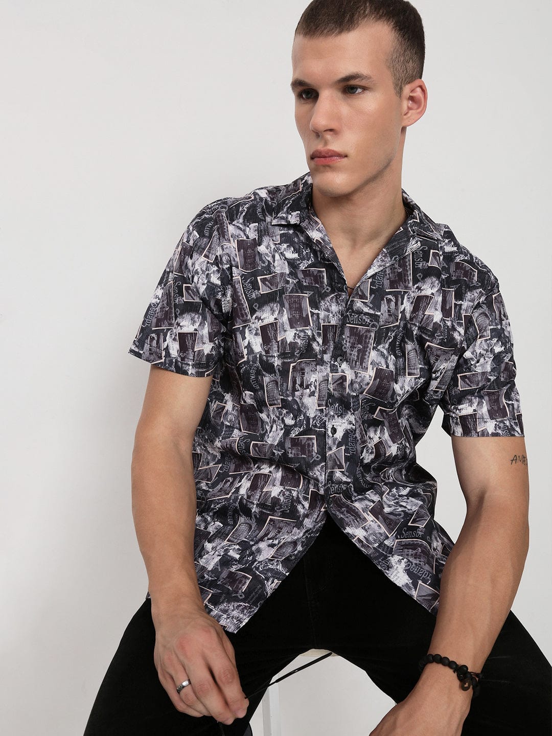 Men's Black Abstract Cuban Collar Relaxed Fit Shirt