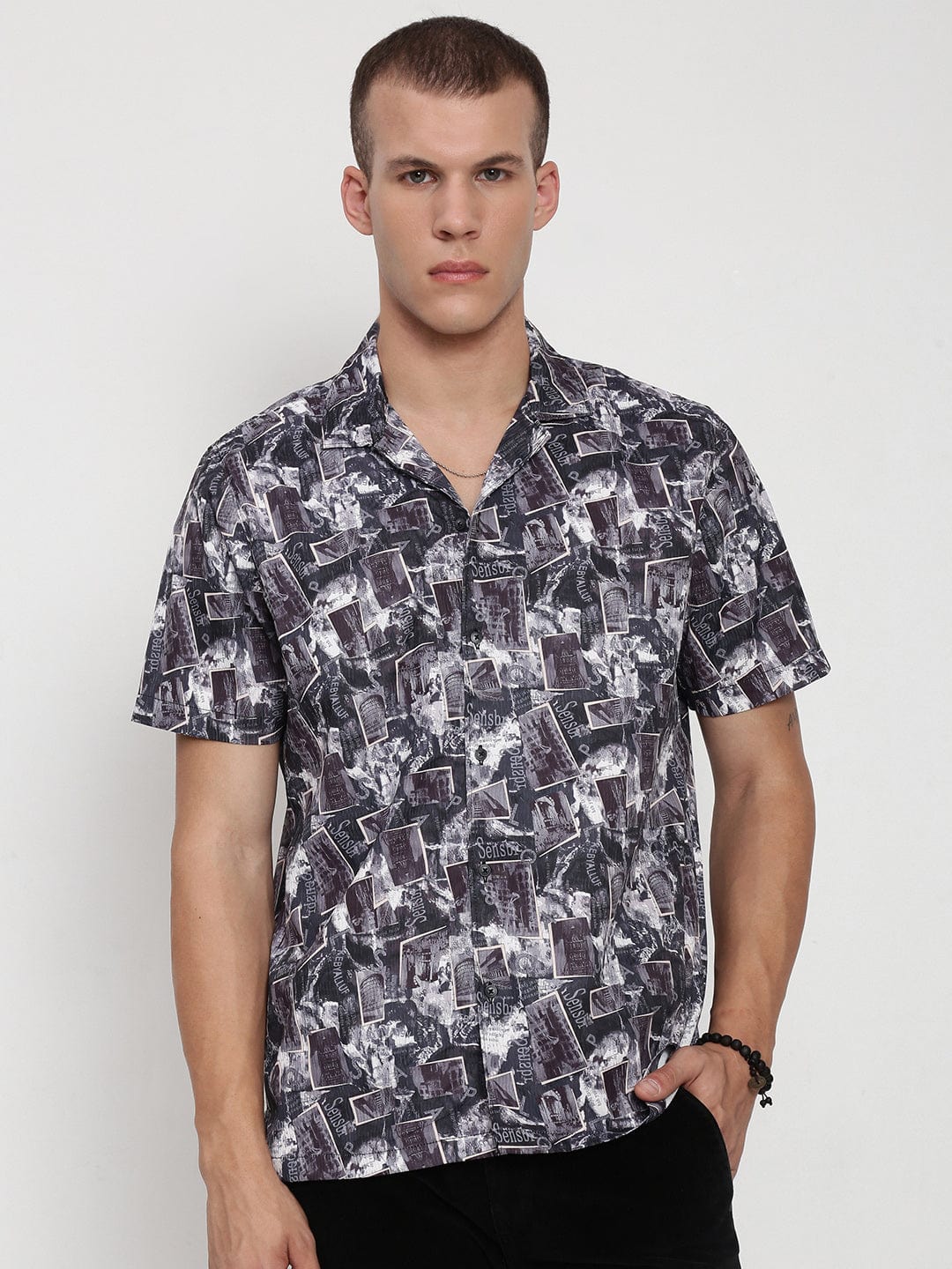 Men's Black Abstract Cuban Collar Relaxed Fit Shirt