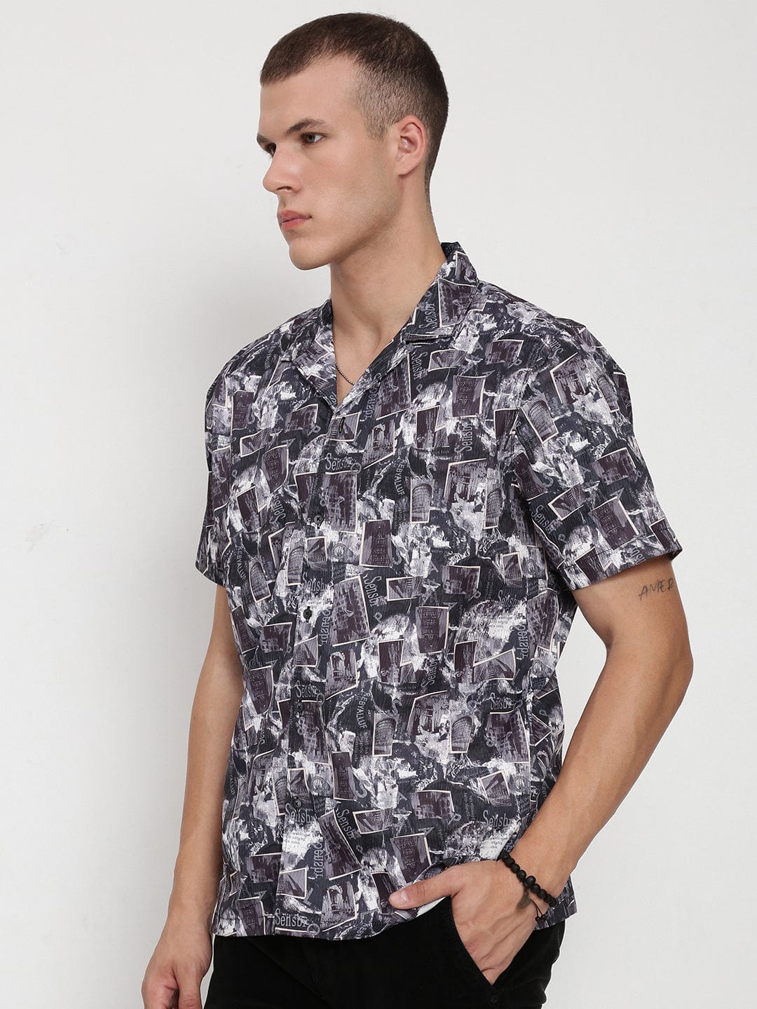 Men's Black Abstract Cuban Collar Relaxed Fit Shirt