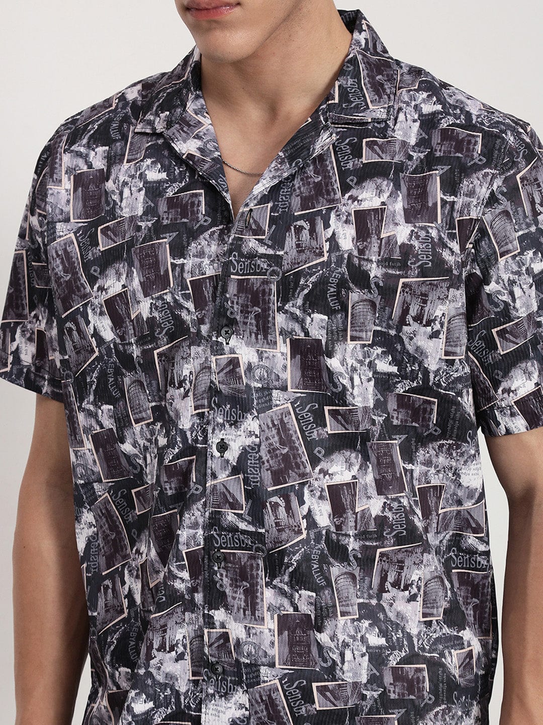 Men's Black Abstract Cuban Collar Relaxed Fit Shirt