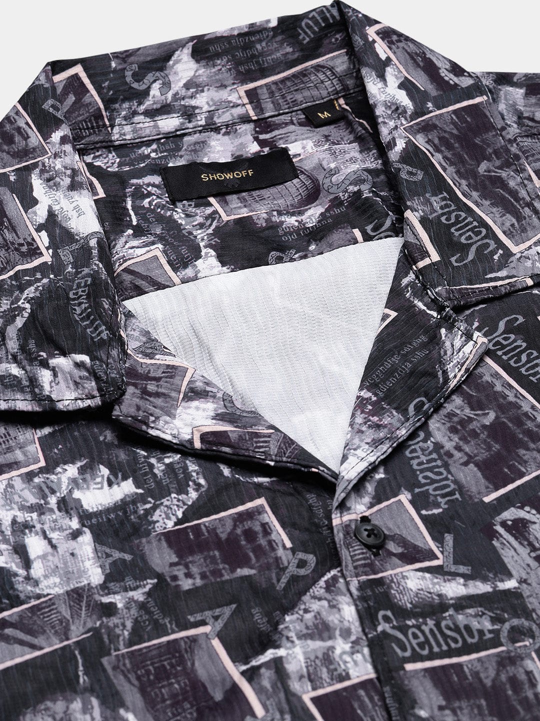 Men's Black Abstract Cuban Collar Relaxed Fit Shirt