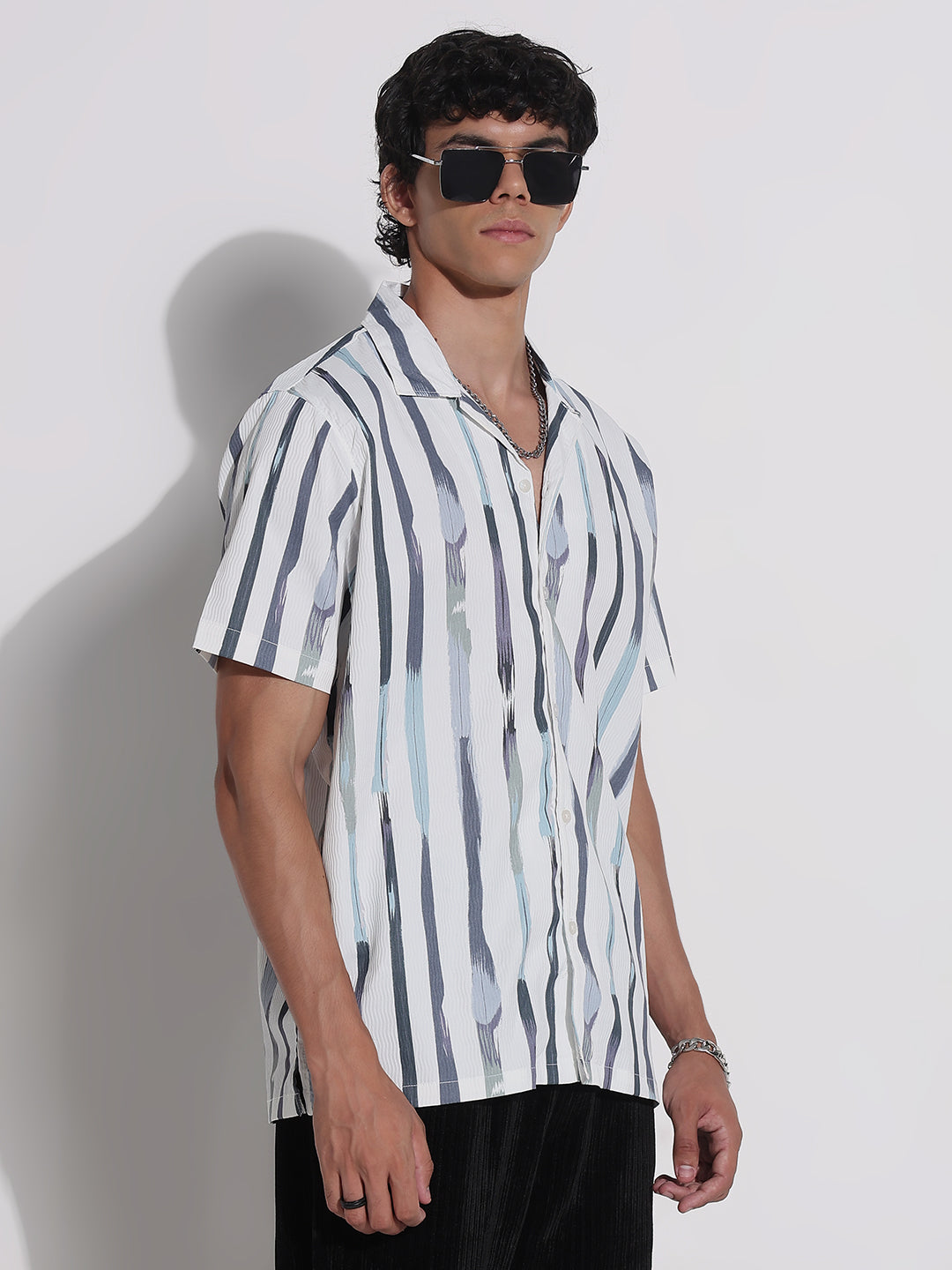 Men's White Striped Cuban Collar Relaxed Fit Shirt