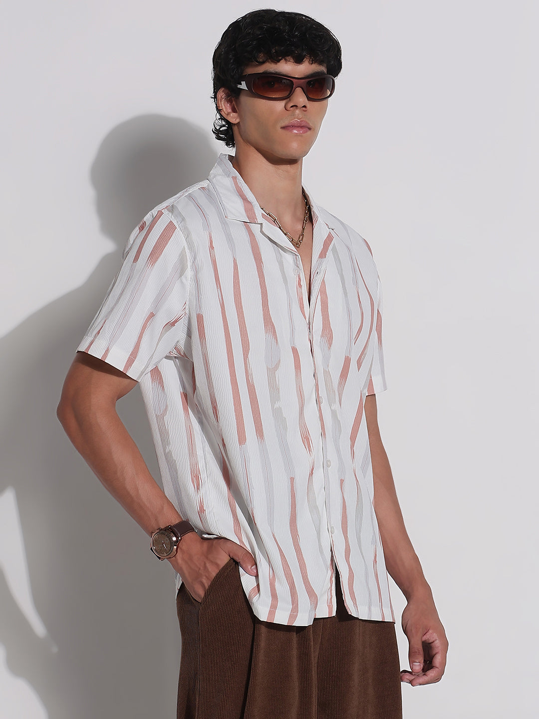 Men's White Striped Cuban Collar Relaxed Fit Shirt