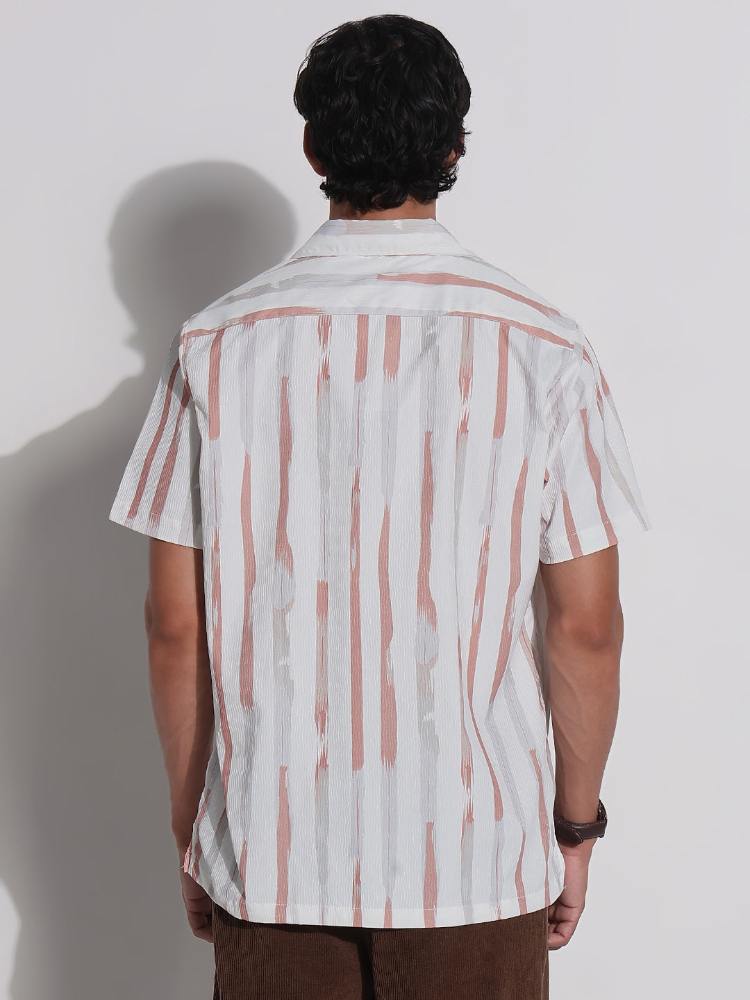 Men's White Striped Cuban Collar Relaxed Fit Shirt