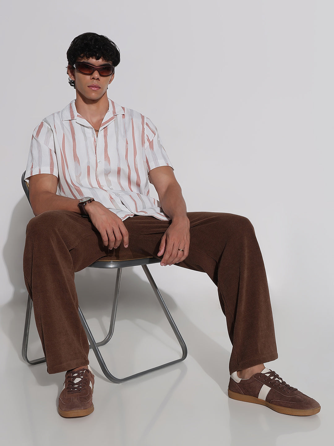 Men's White Striped Cuban Collar Relaxed Fit Shirt