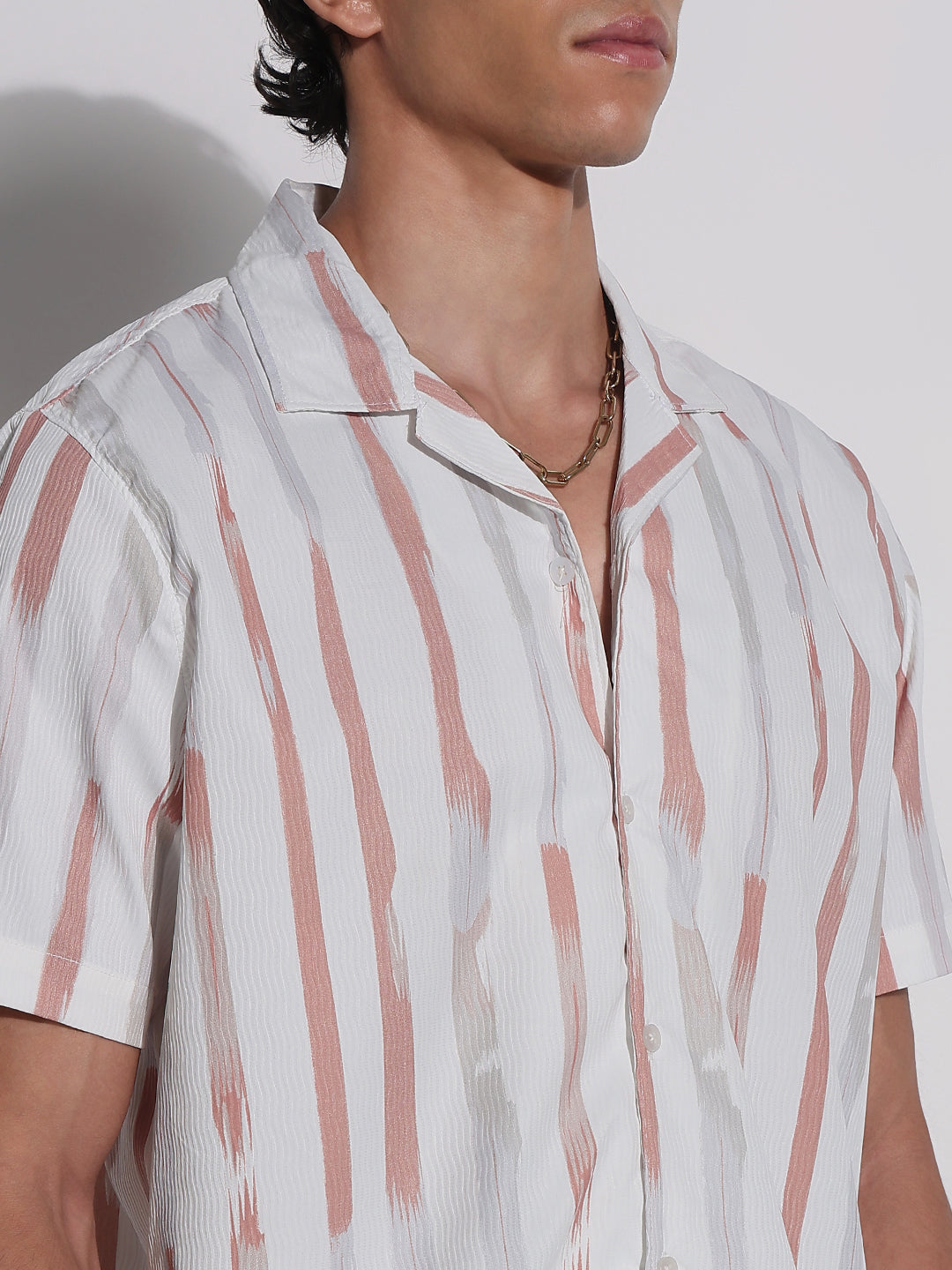 Men's White Striped Cuban Collar Relaxed Fit Shirt