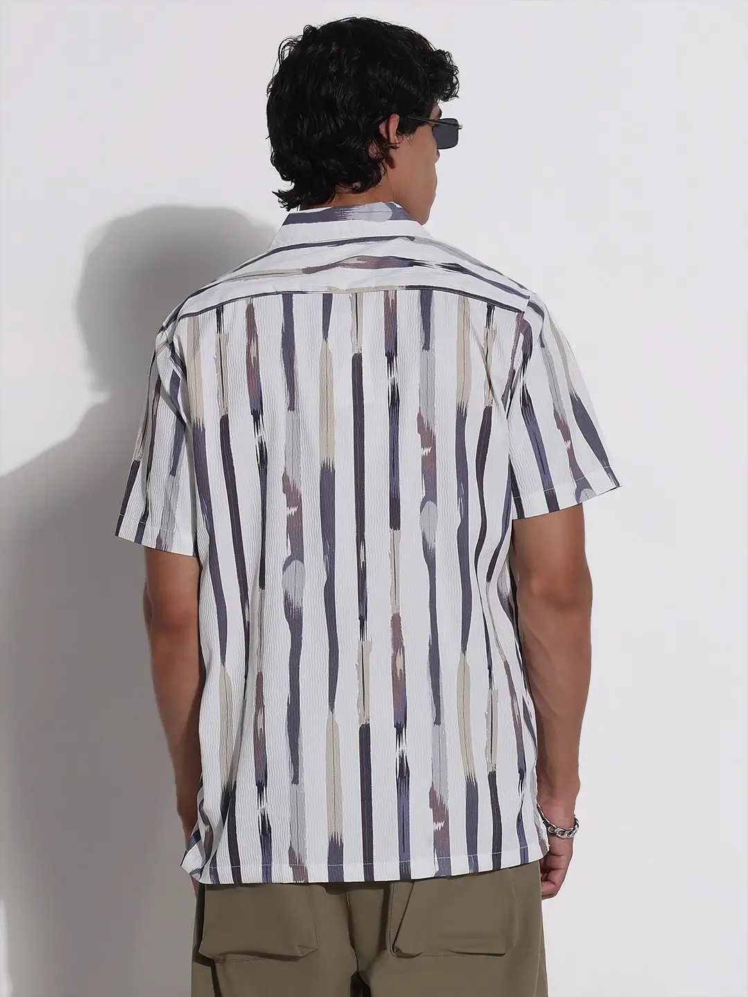 Men's White Striped Cuban Collar Relaxed Fit Shirt - from SHOWOFFFF
