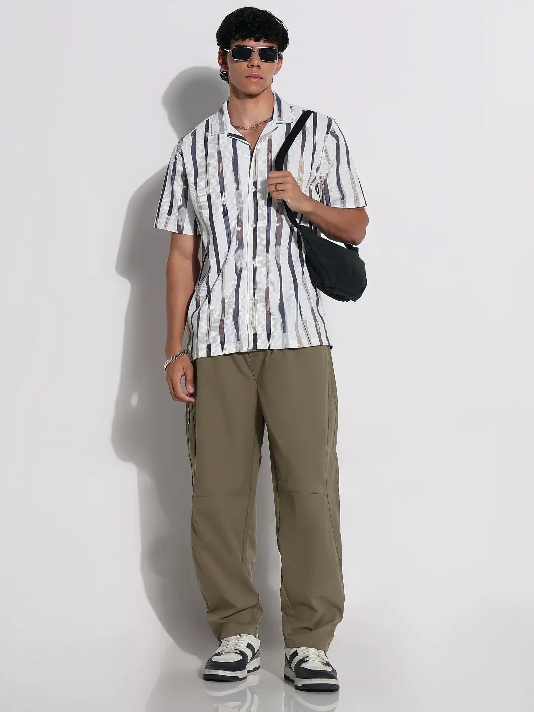 Men's White Striped Cuban Collar Relaxed Fit Shirt - from SHOWOFFFF