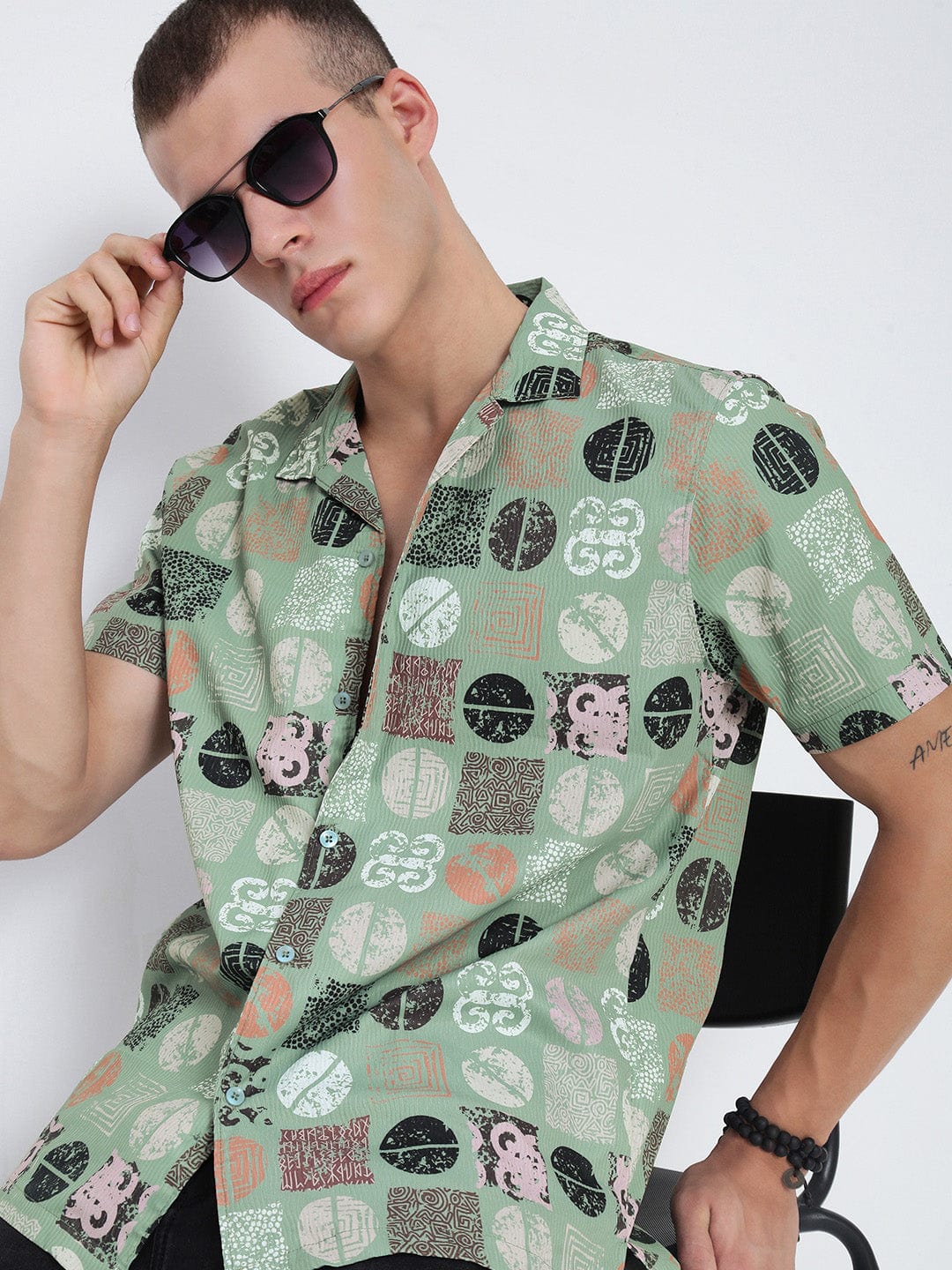 Men's Green Abstract Cuban Collar Relaxed Fit Shirt
