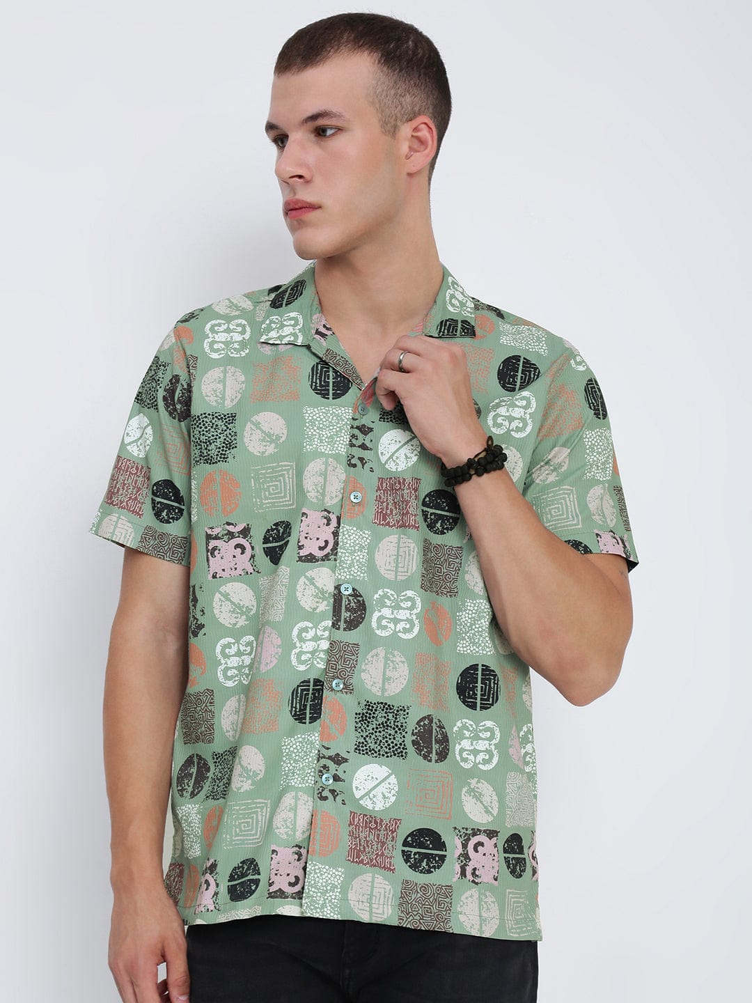 Men's Green Abstract Cuban Collar Relaxed Fit Shirt