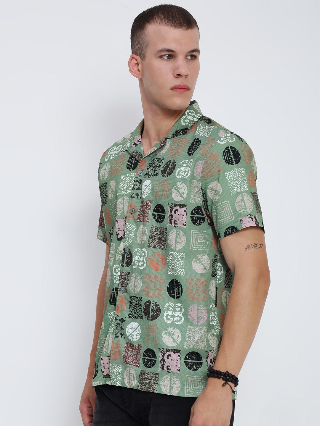 Men's Green Abstract Cuban Collar Relaxed Fit Shirt