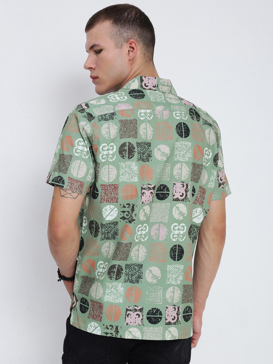 Men's Green Abstract Cuban Collar Relaxed Fit Shirt