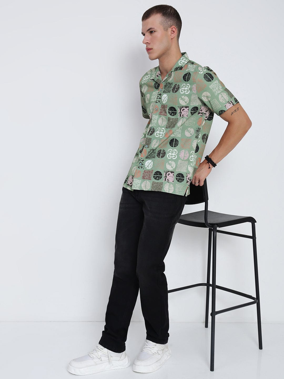 Men's Green Abstract Cuban Collar Relaxed Fit Shirt
