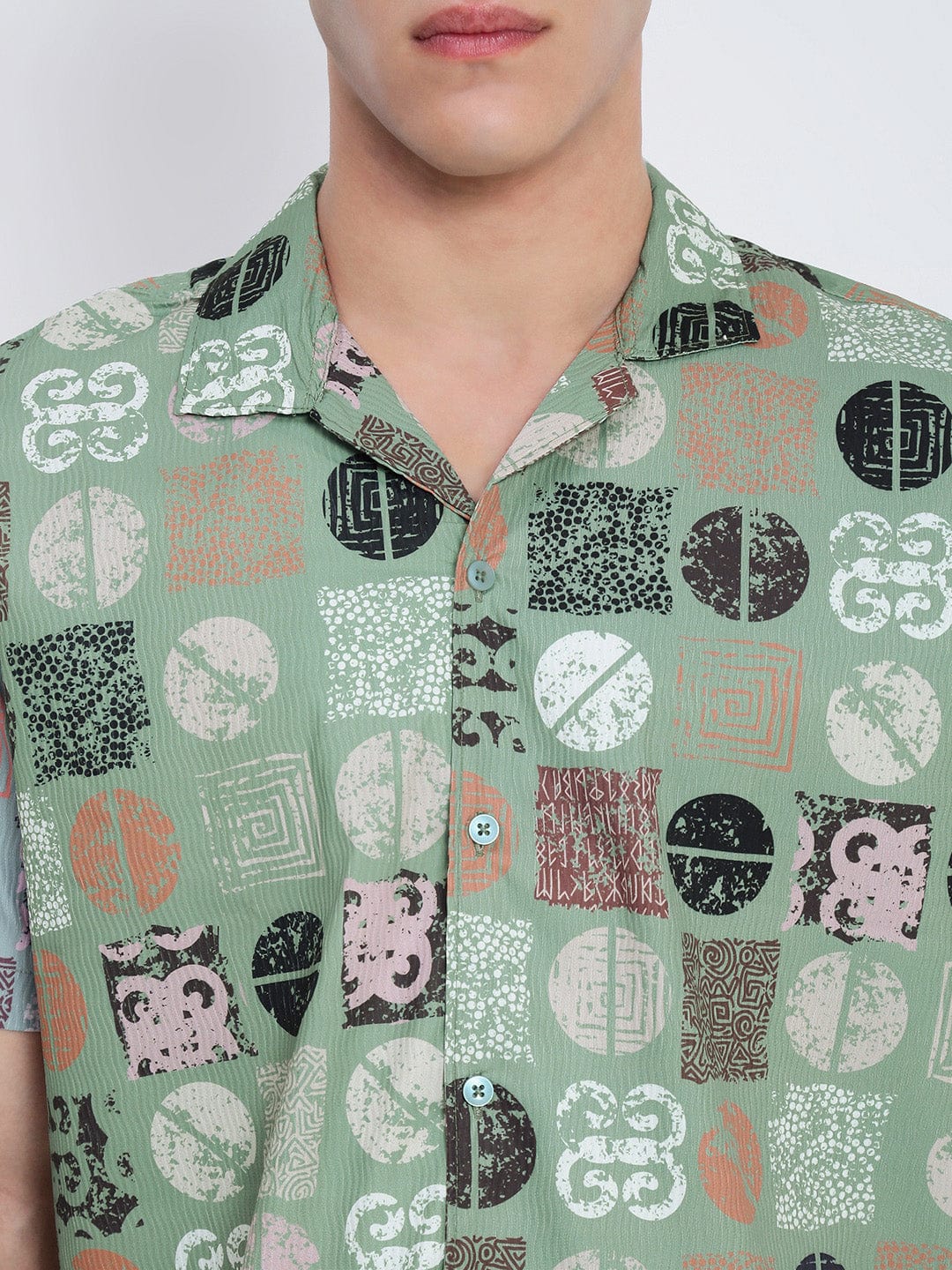 Men's Green Abstract Cuban Collar Relaxed Fit Shirt