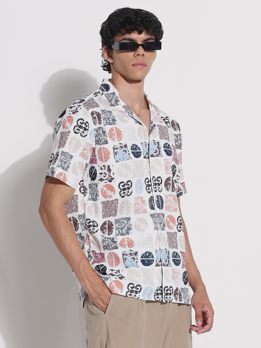 Men's White Printed Cuban Collar Relaxed Fit Shirt