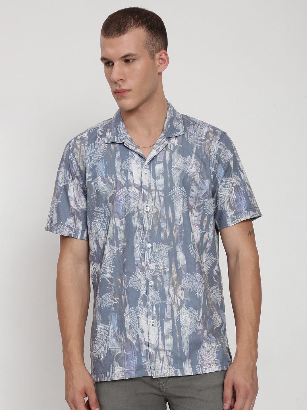 Men's Grey Floral Cuban Collar Relaxed Fit Shirt
