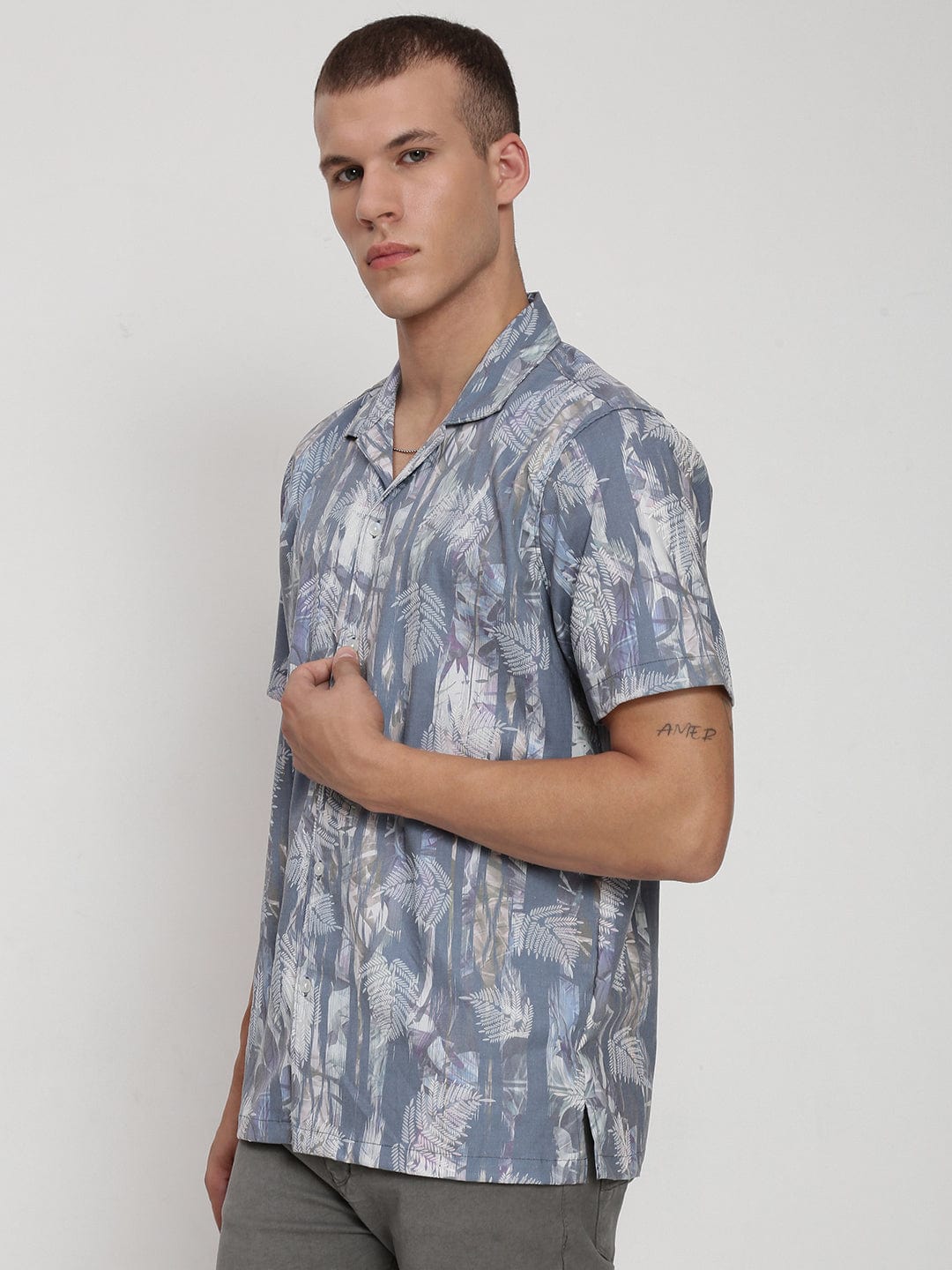 Men's Grey Floral Cuban Collar Relaxed Fit Shirt