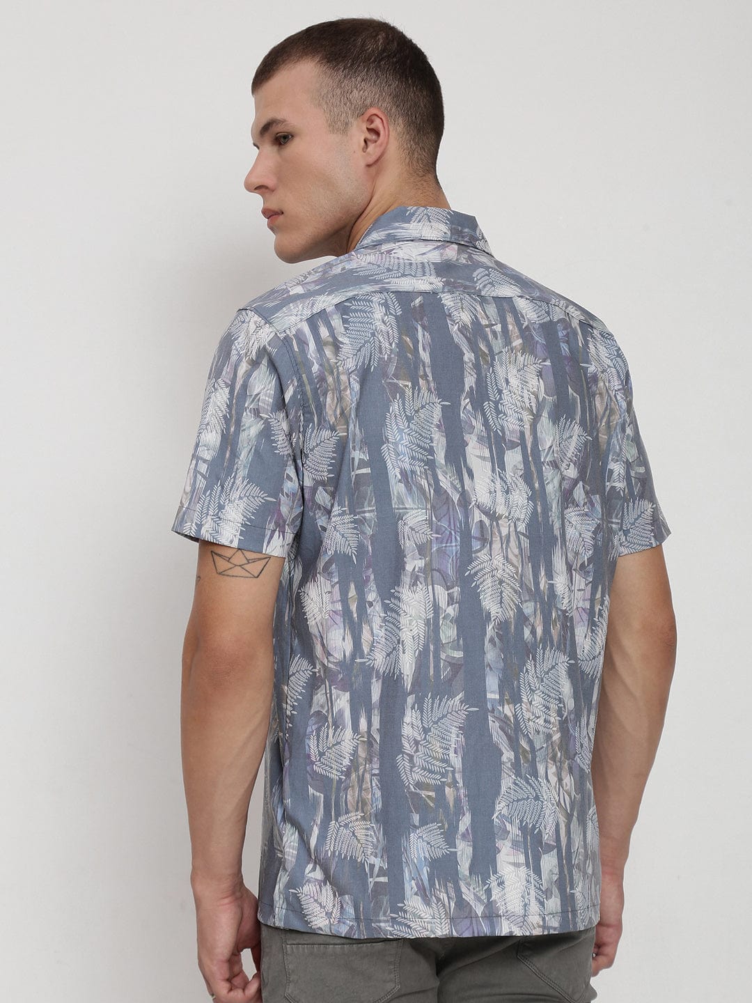 Men's Grey Floral Cuban Collar Relaxed Fit Shirt