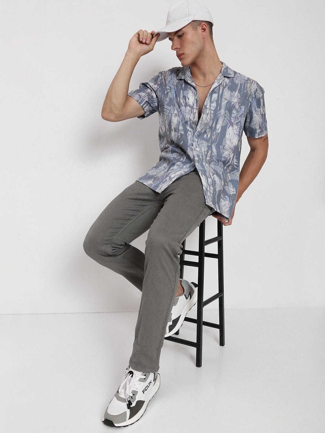 Men's Grey Floral Cuban Collar Relaxed Fit Shirt