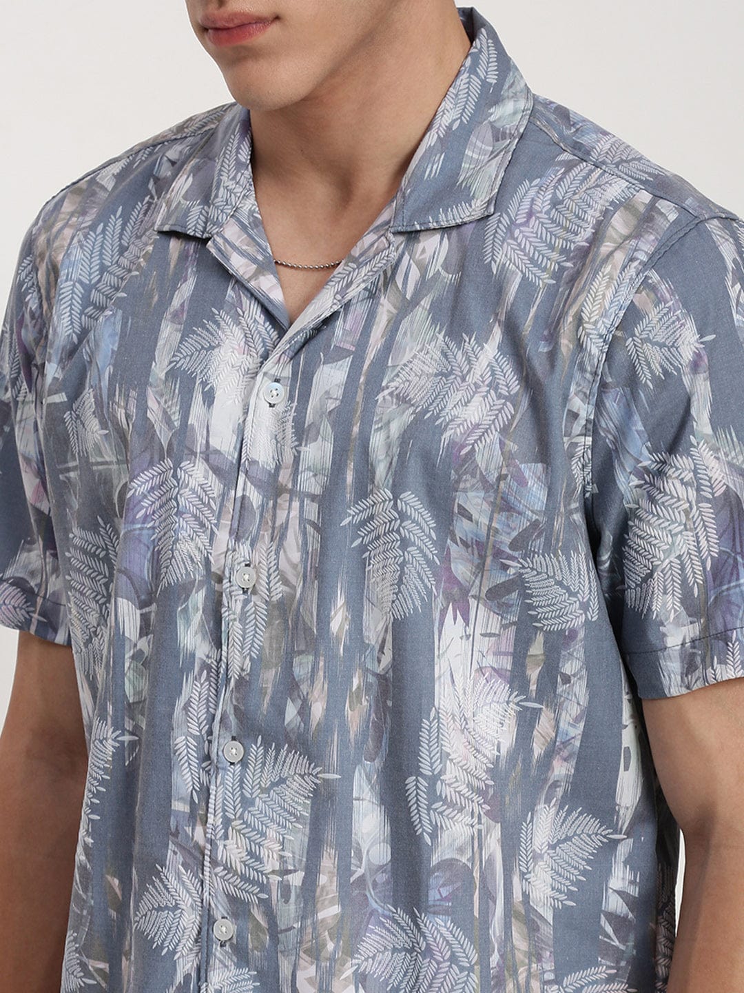 Men's Grey Floral Cuban Collar Relaxed Fit Shirt