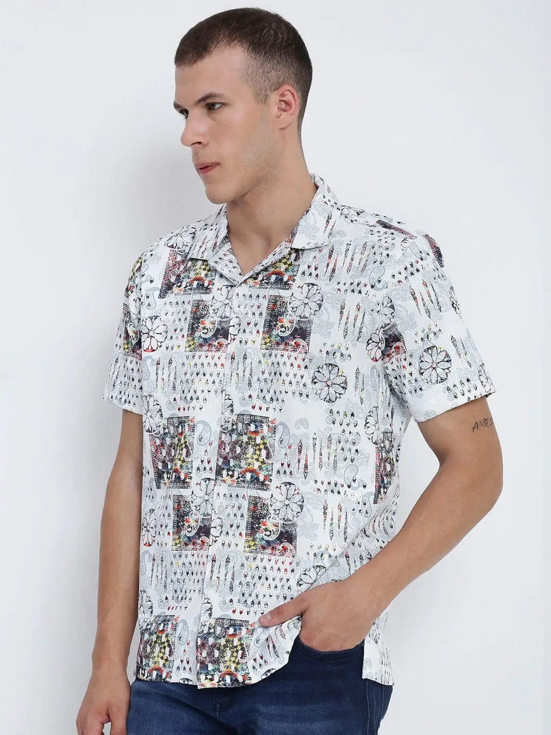 Men's White Abstract Cuban Collar Relaxed Fit Shirt - from SHOWOFFFF
