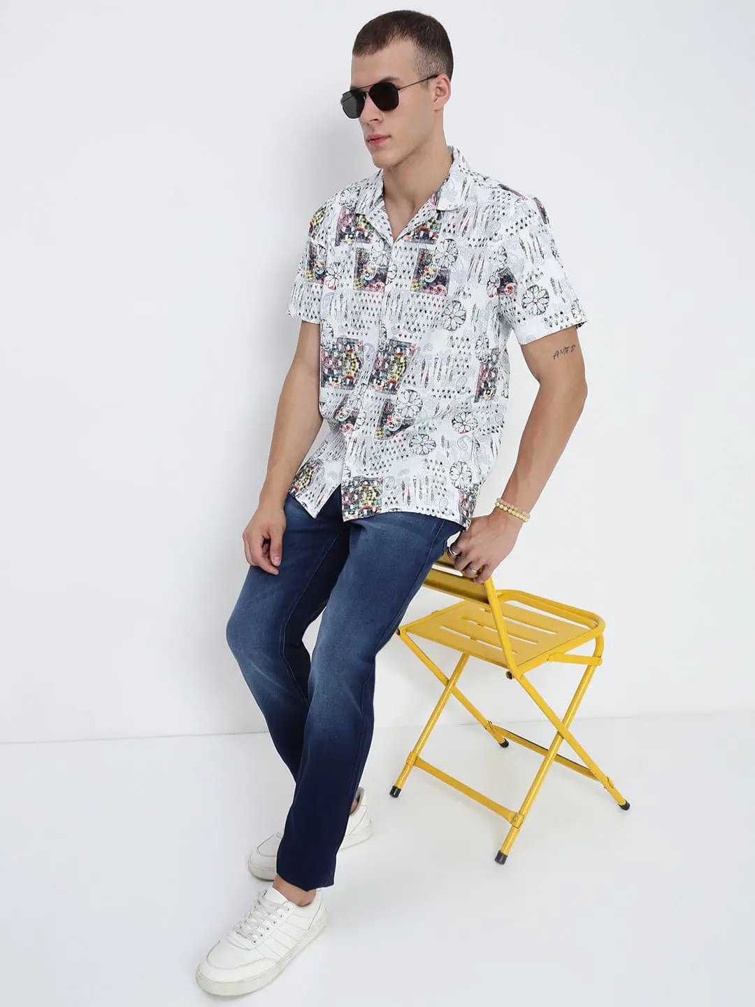 Men's White Abstract Cuban Collar Relaxed Fit Shirt - from SHOWOFFFF