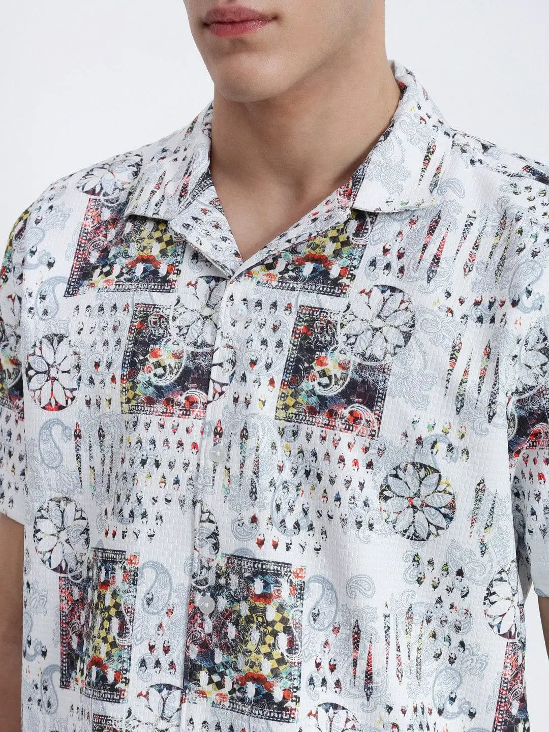Men's White Abstract Cuban Collar Relaxed Fit Shirt - from SHOWOFFFF
