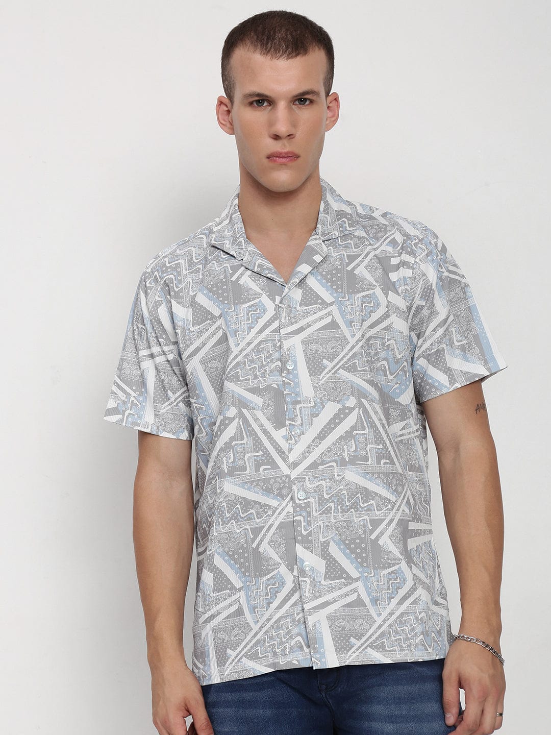 Men's Grey Abstract Cuban Collar Relaxed Fit Shirt