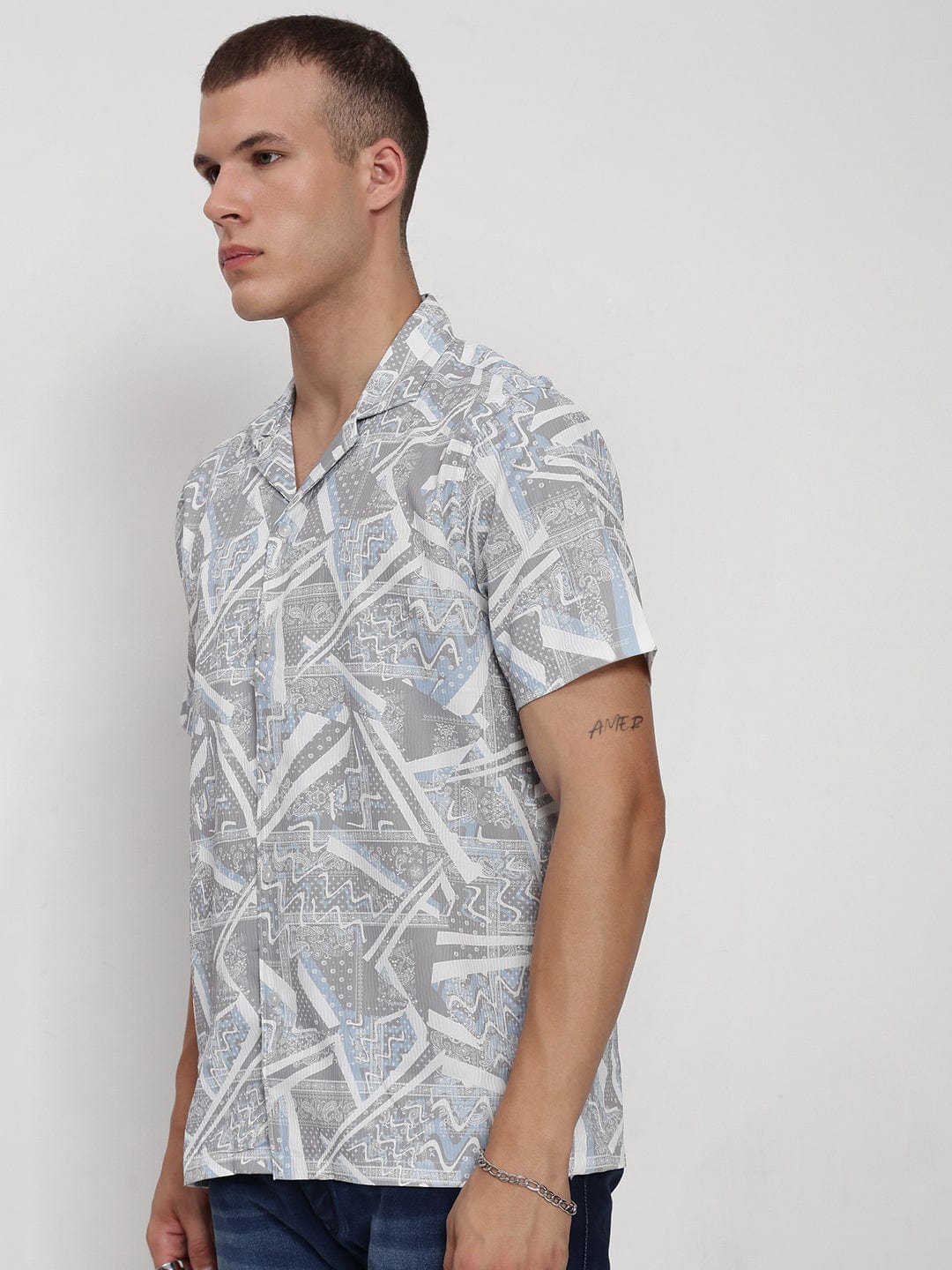 Men's Grey Abstract Cuban Collar Relaxed Fit Shirt