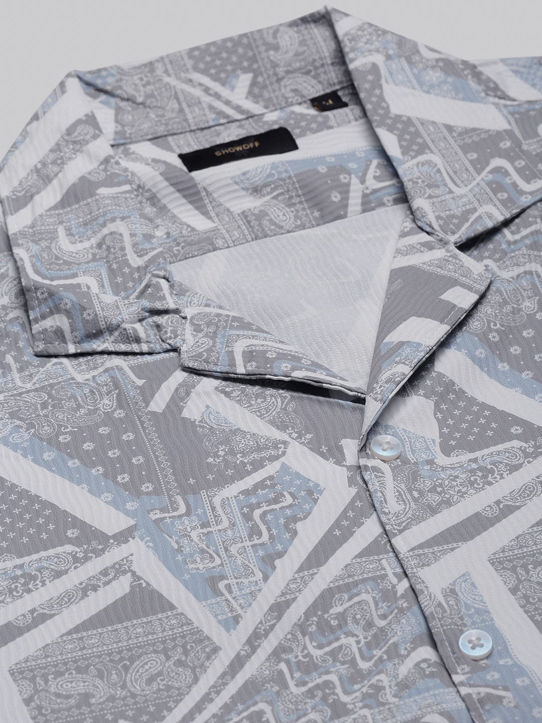 Men's Grey Abstract Cuban Collar Relaxed Fit Shirt