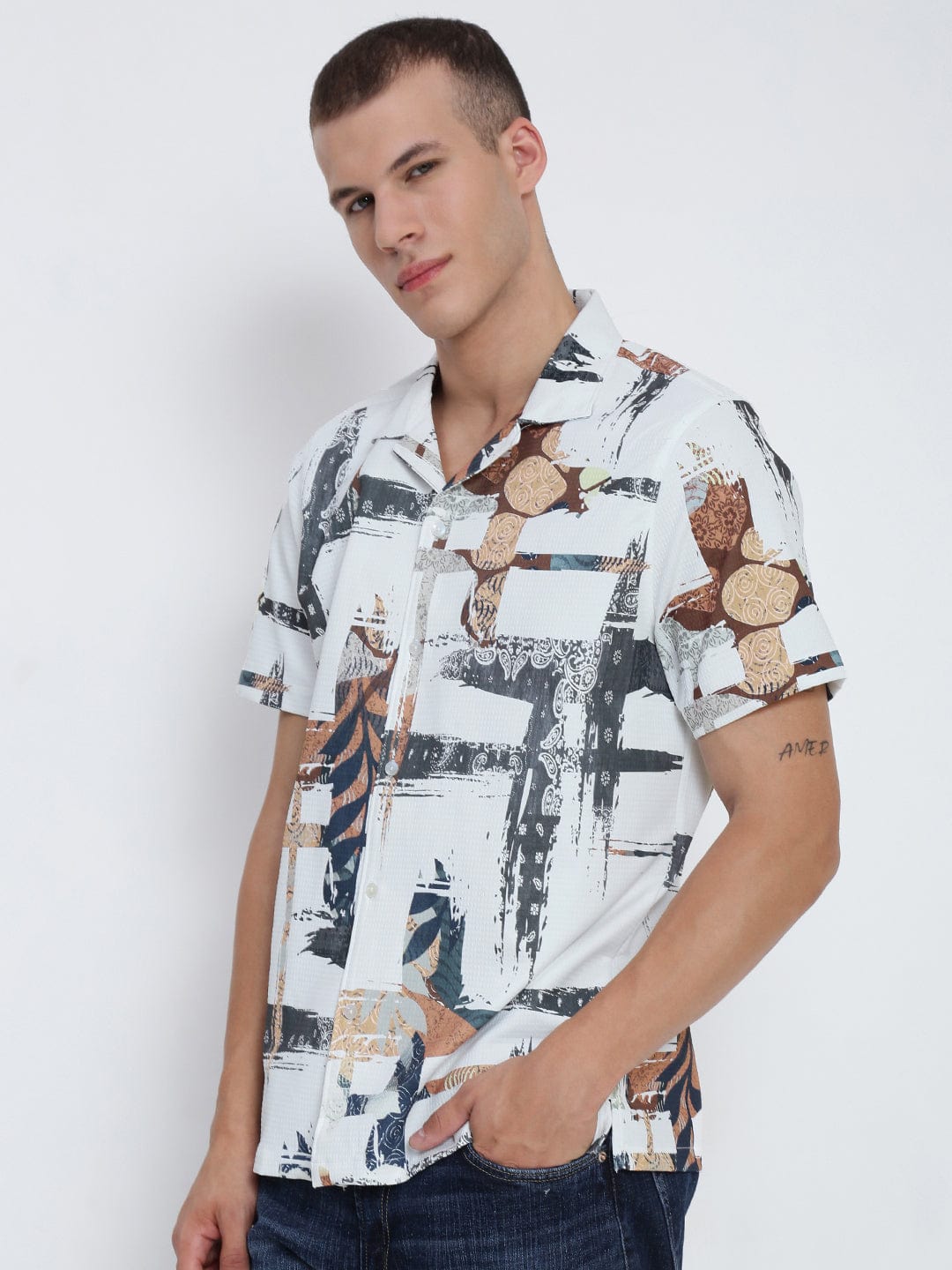 Men's White Abstract Cuban Collar Relaxed Fit Shirt