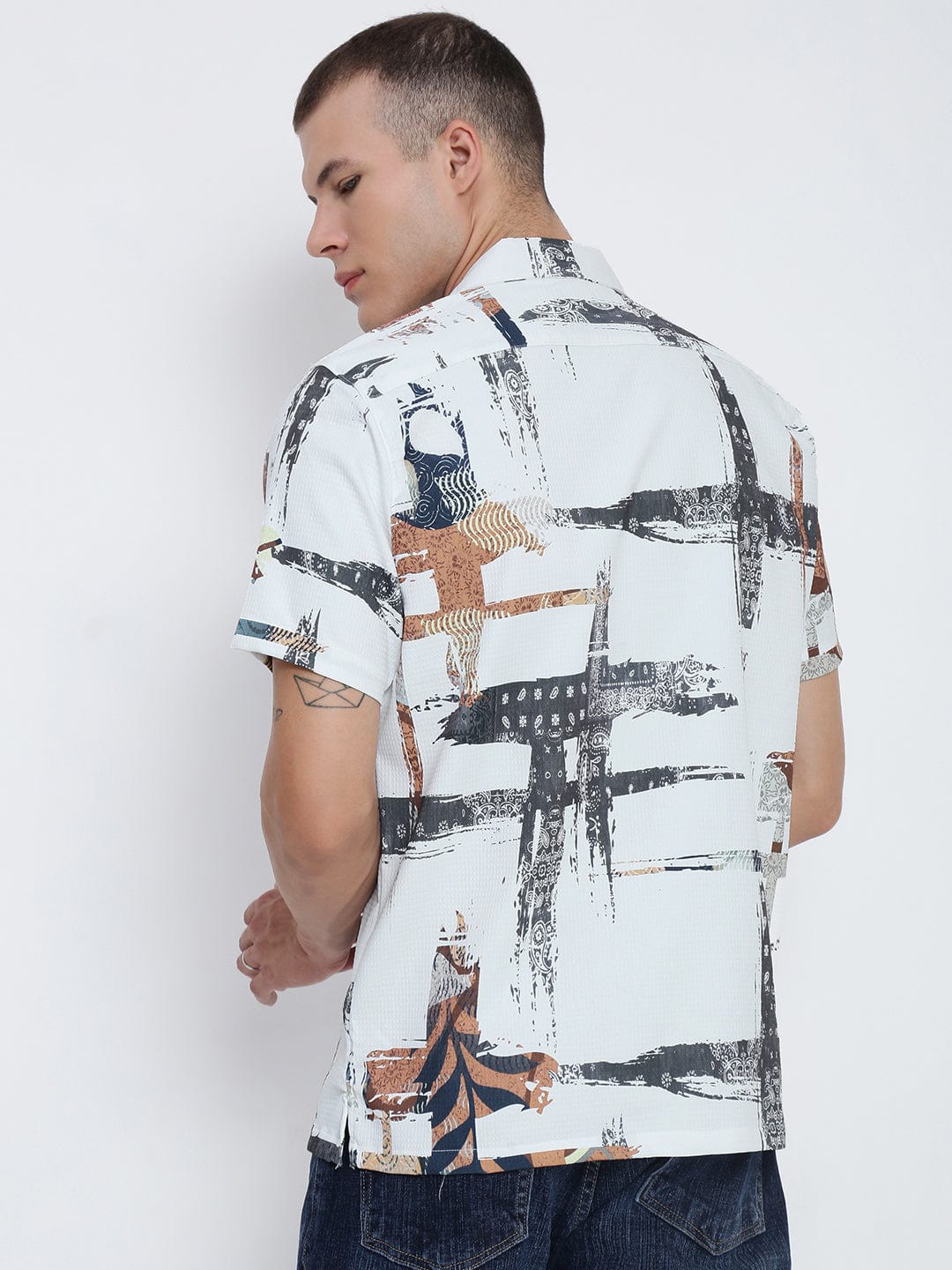 Men's White Abstract Cuban Collar Relaxed Fit Shirt