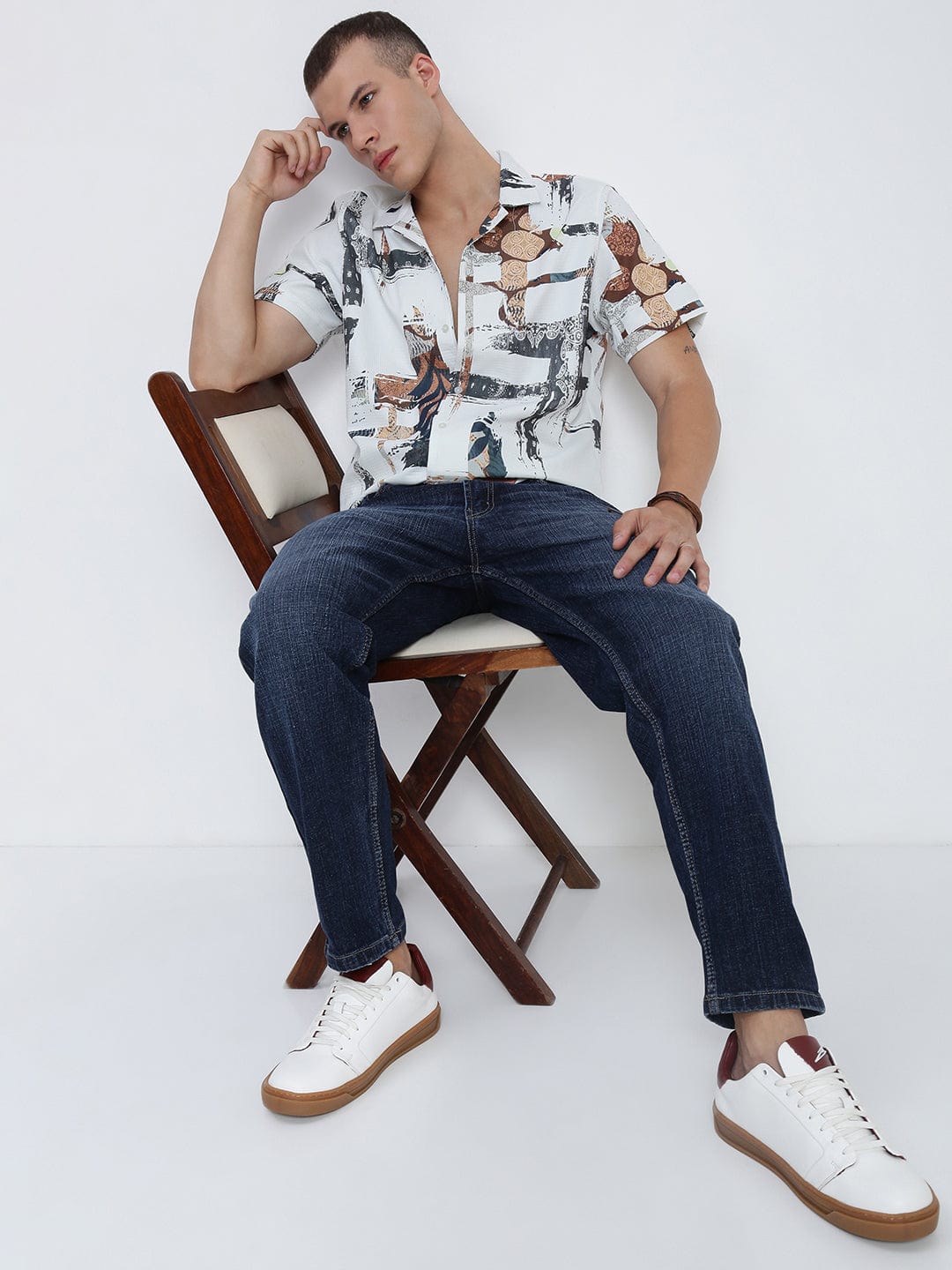 Men's White Abstract Cuban Collar Relaxed Fit Shirt