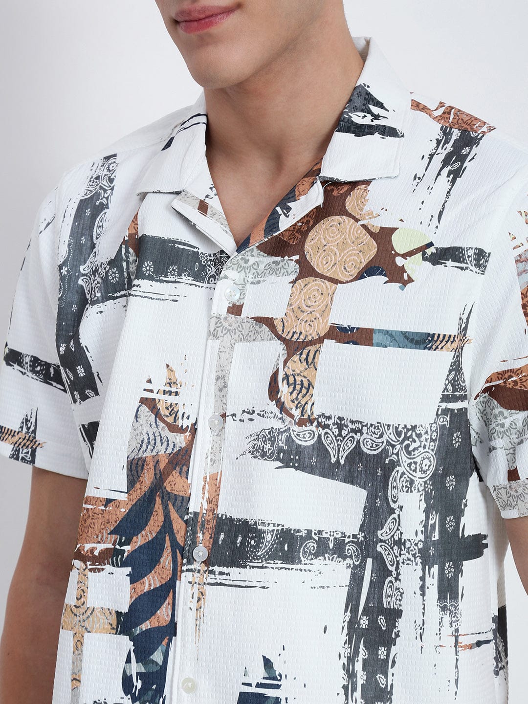Men's White Abstract Cuban Collar Relaxed Fit Shirt