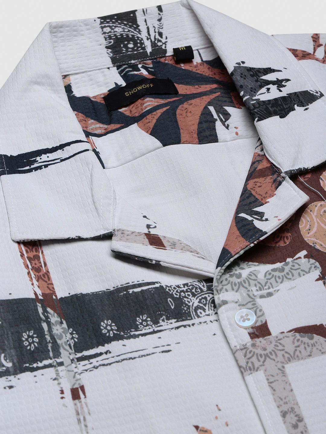 Men's White Abstract Cuban Collar Relaxed Fit Shirt