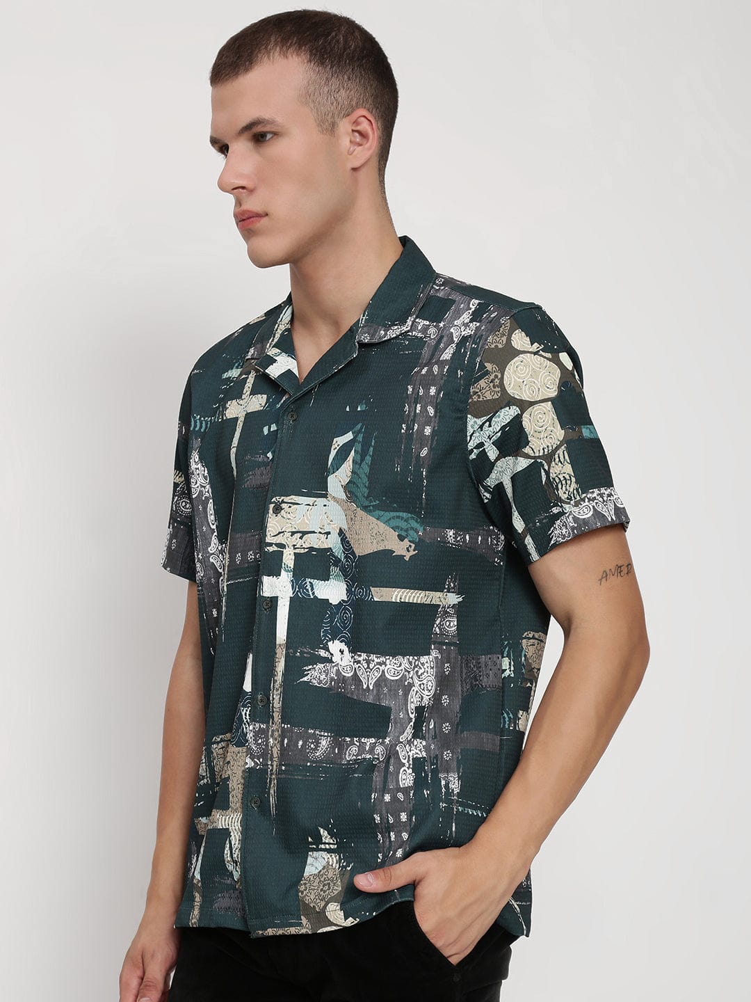 Men's Green Abstract Cuban Collar Relaxed Fit Shirt