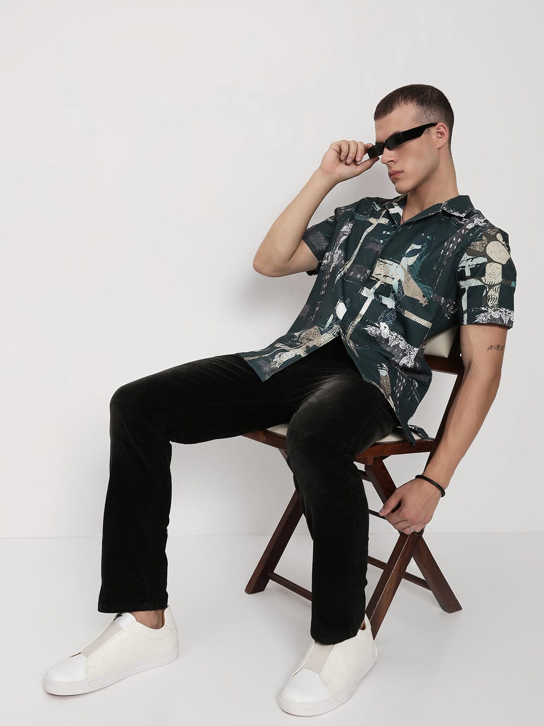 Men's Green Abstract Cuban Collar Relaxed Fit Shirt