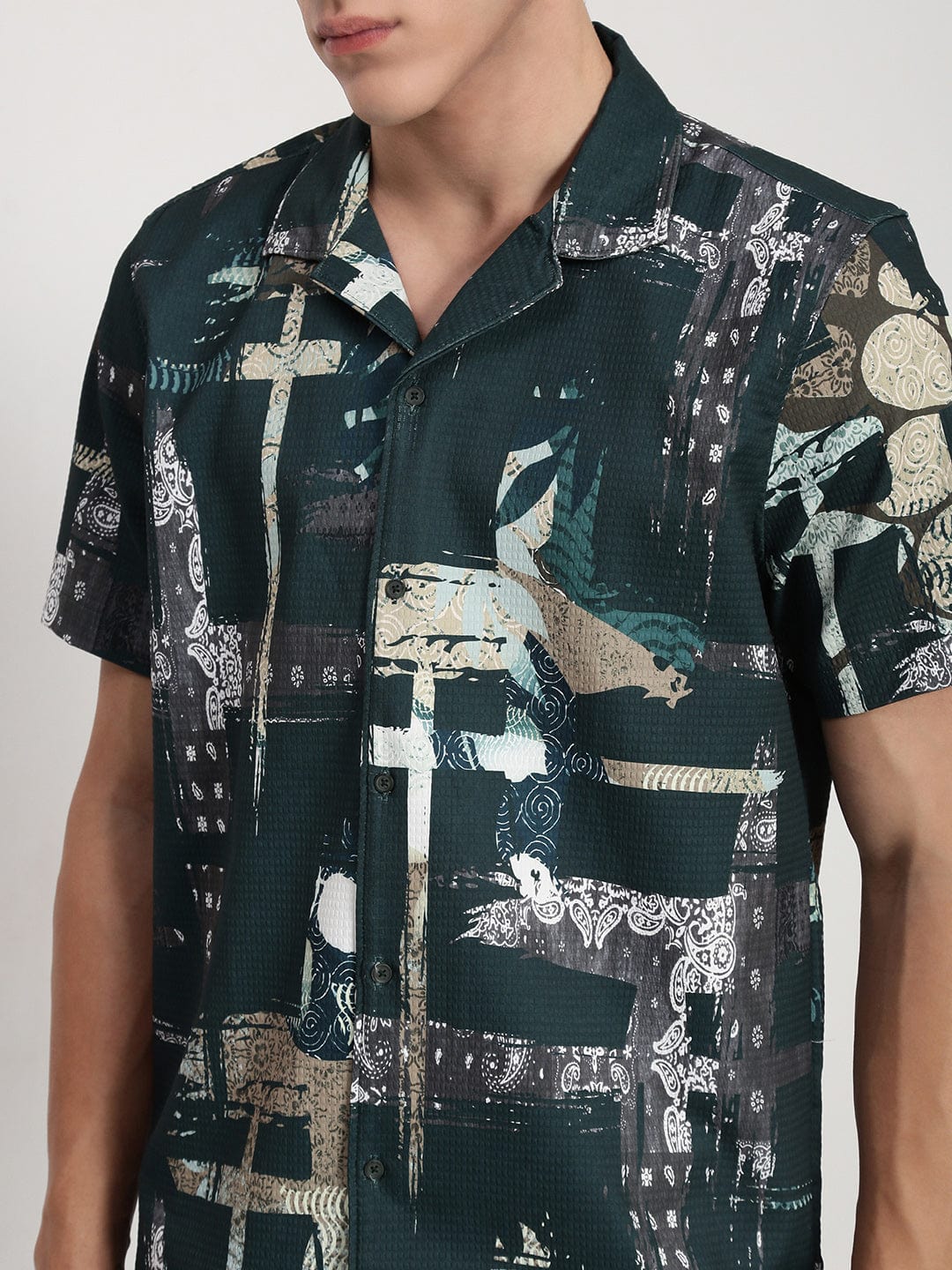 Men's Green Abstract Cuban Collar Relaxed Fit Shirt