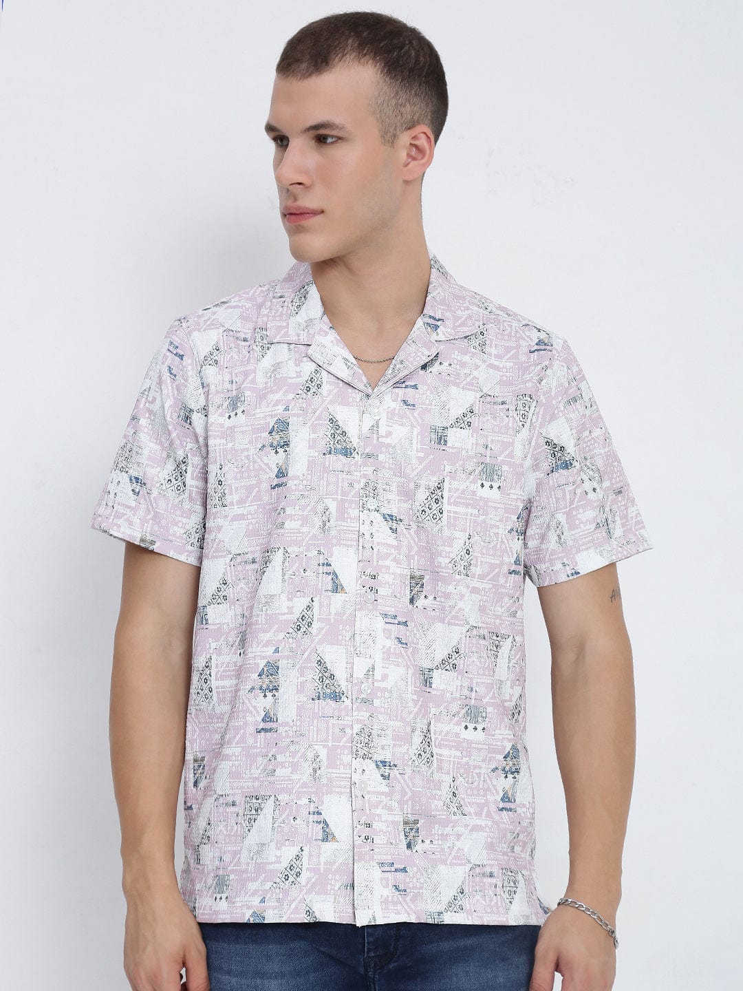 Men's Pink Abstract Cuban Collar Relaxed Fit Shirt