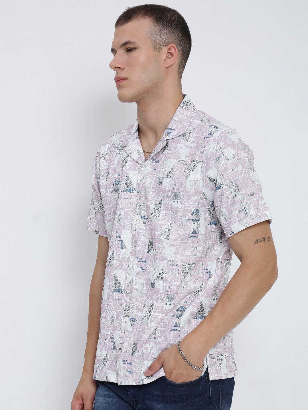 Men's Pink Abstract Cuban Collar Relaxed Fit Shirt