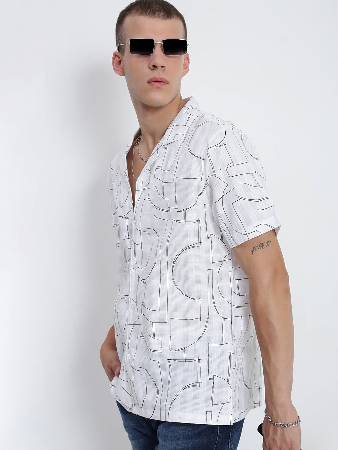 Men's White Abstract Cuban Collar Relaxed Fit Shirt
