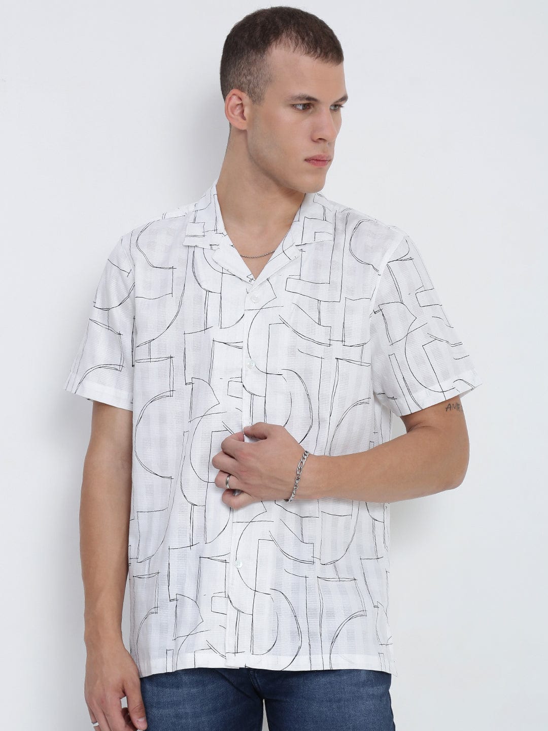 Men's White Abstract Cuban Collar Relaxed Fit Shirt