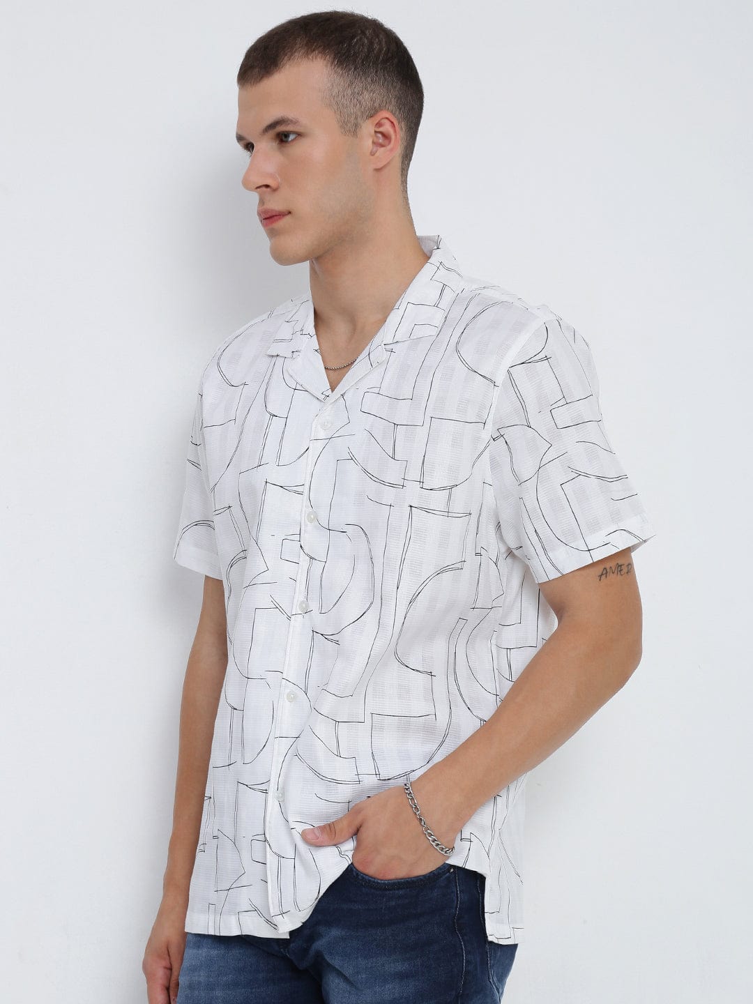Men's White Abstract Cuban Collar Relaxed Fit Shirt