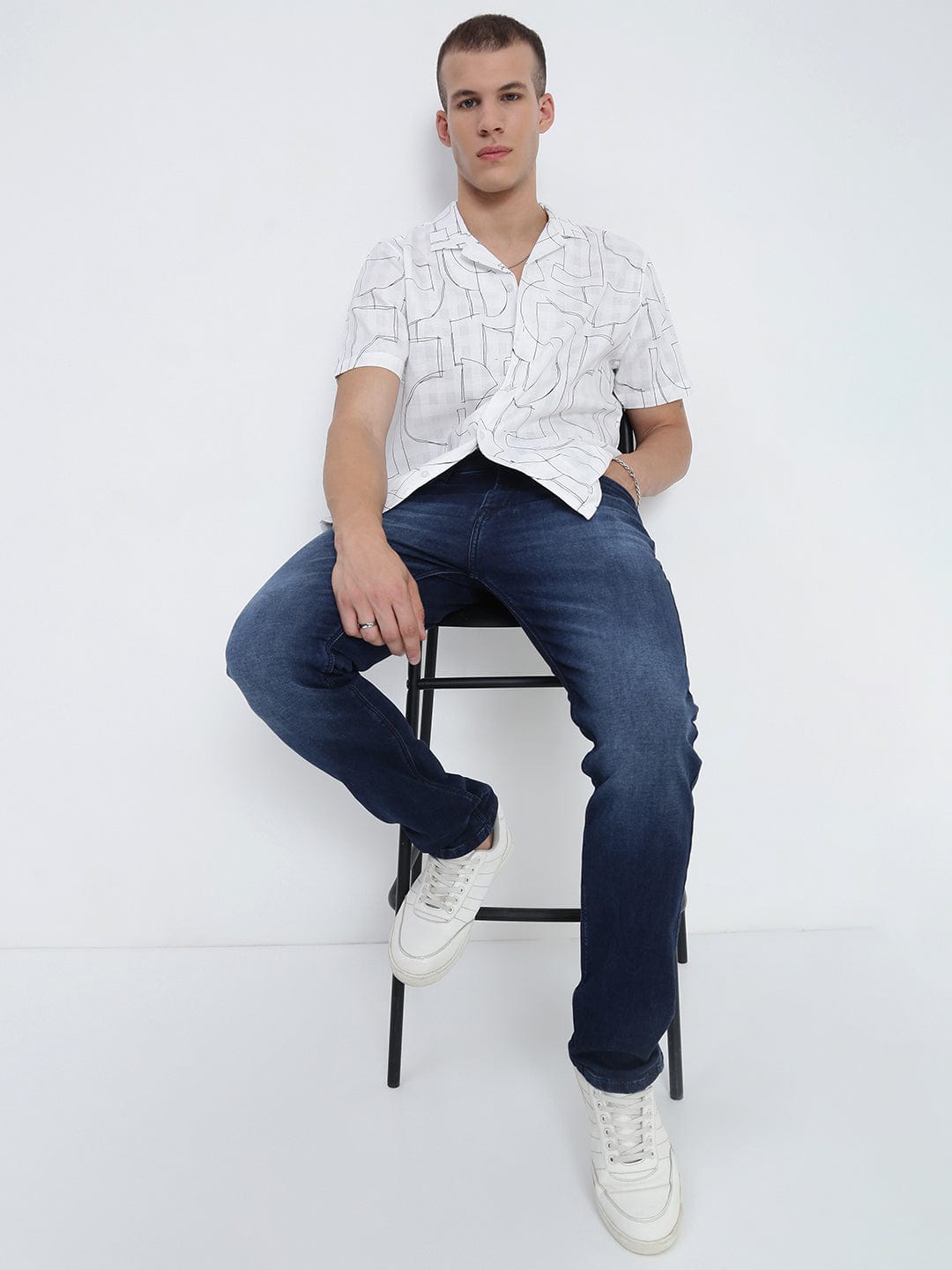 Men's White Abstract Cuban Collar Relaxed Fit Shirt