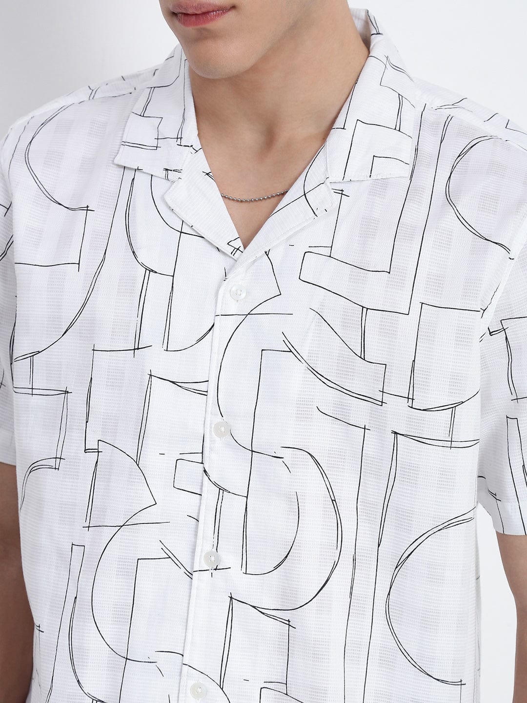 Men's White Abstract Cuban Collar Relaxed Fit Shirt